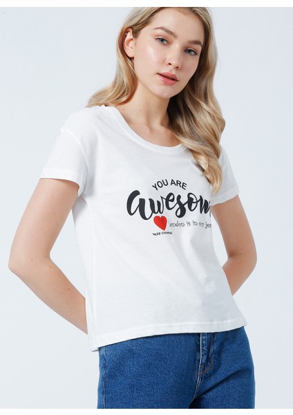 Lee Cooper 222 LCF 242010 Bisiklet Yaka Normal Kalıp Baskılı Ekru Kadın T-Shirt