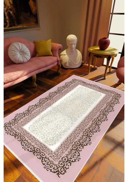 Klasik Pembe Kaydırmaz Kesme Yıkanabilir Ince Halı