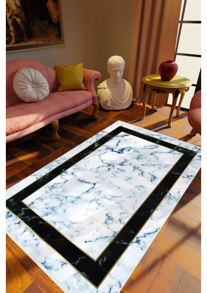 Eskitme Modern Çerçeve Desenli Mermer Mavi Gri Beyaz Siyah Kaydırmaz Kesme Yıkanabilir Ince Halı