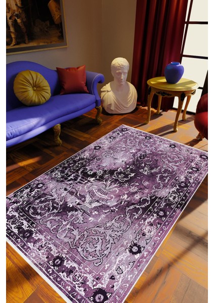 Klasik Mor Kaydırmaz Kesme Yıkanabilir Ince Halı