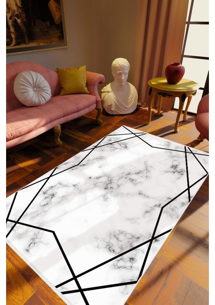 Eskitme Geometrik Gri Beyaz Siyah Kaydırmaz Kesme Yıkanabilir Ince Halı