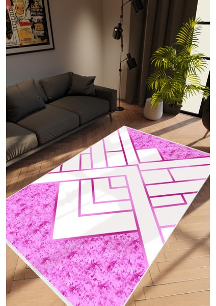 Modern Geometrik Metalik Pembe Beyaz Kaydırmaz Kesme Yıkanabilir Ince Halı