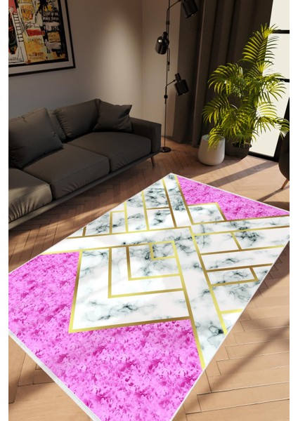 Modern Geometrik Gold Pembe Beyaz Altın Kaydırmaz Kesme Yıkanabilir Ince Halı
