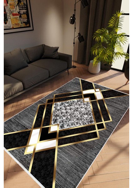 Modern Geometrik Altın Gold Gri Kaydırmaz Kesme Yıkanabilir Ince Halı