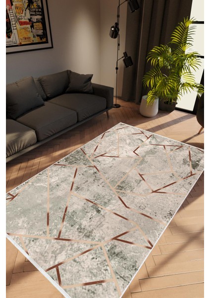Modern Geometrik Metalik Gri Altın Kaydırmaz Kesme Yıkanabilir Ince Halı