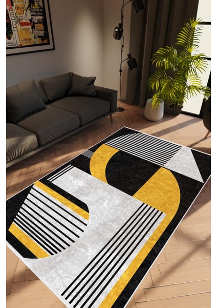 Modern Geometrik Altın Siyah Sarı Beyaz Kaydırmaz Kesme Yıkanabilir Ince Halı