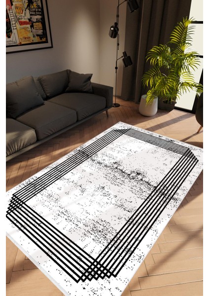 Modern Geometrik Beyaz Siyah Kaydırmaz Kesme Yıkanabilir Ince Halı