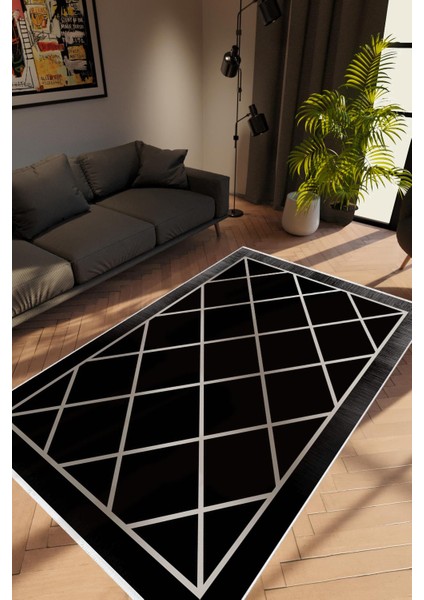 Modern Geometrik Siyah Gri Kaydırmaz Kesme Yıkanabilir Ince Halı