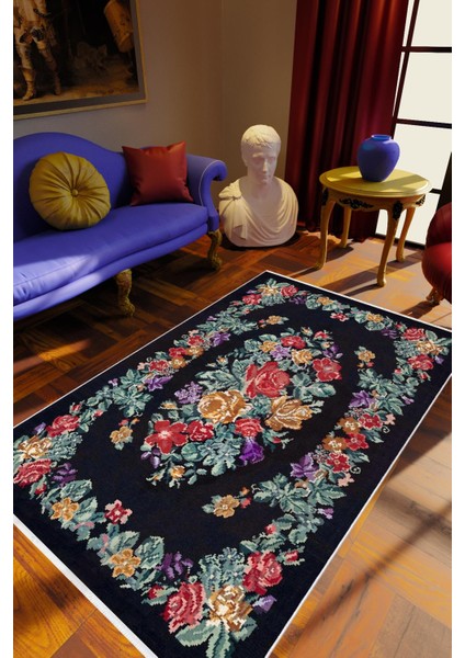 Figürlü Çiçekli Kırmızı Kaydırmaz Kesme Yıkanabilir Ince Halı