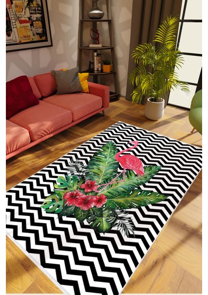 Figürlü Çiçekli Flamingo Beyaz Kaydırmaz Kesme Yıkanabilir Ince Halı