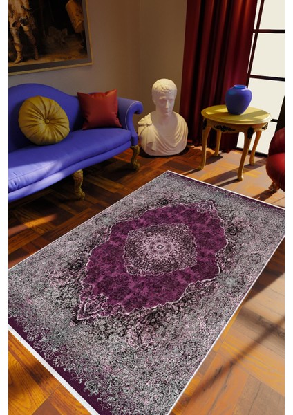 Salon Halısı Eskitme Bordo Mor Kaydırmaz Kesme Yıkanabilir Ince Halı
