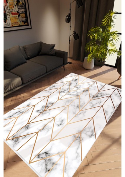 Modern Geometrik Metalik Gri Altın Kaydırmaz Kesme Yıkanabilir Ince Halı