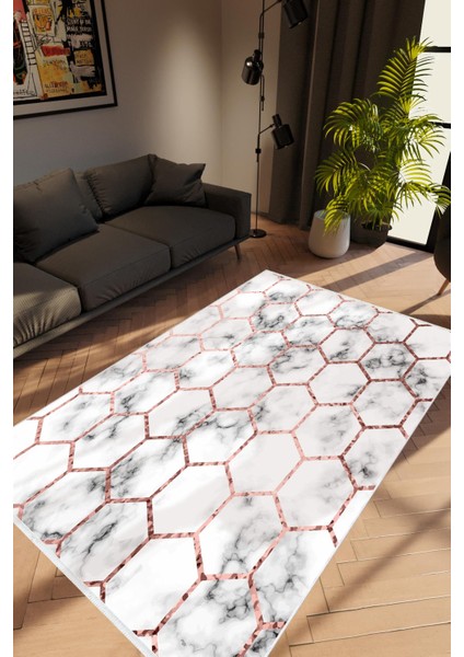 Modern Geometrik Metalik Altıgen Gri Altın Kaydırmaz Kesme Yıkanabilir Ince Halı