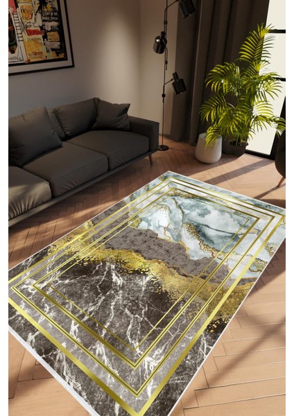 Taş Mermer Modern Gold Haki Gri Kahverengi Altın Kaydırmaz Kesme Yıkanabilir Ince Halı