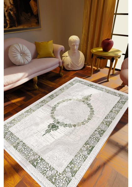 Salon Halısı Eskitme Haki Gri Krem Kaydırmaz Kesme Yıkanabilir Ince Halı