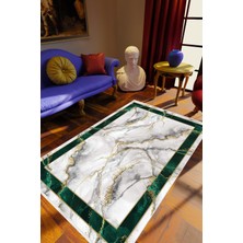 Eskitme Geometrik Çerçeve Desenli Mermer Metalik Gri Yeşil Kaydırmaz Kesme Yıkanabilir Ince Halı