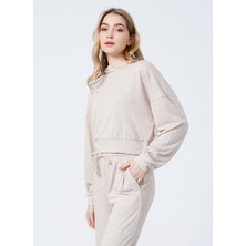Fabrika B01-Ust Kapüşonlu Lastikli Basic Düz Bej Kadın Sweatshirt
