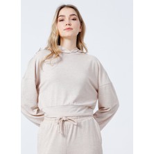 Fabrika B01-Ust Kapüşonlu Lastikli Basic Düz Bej Kadın Sweatshirt