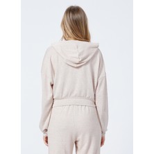 Fabrika B01-Ust Kapüşonlu Lastikli Basic Düz Bej Kadın Sweatshirt