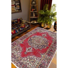 Otantik Eskitme Bordo Kaydırmaz Kesme Yıkanabilir Ince Halı