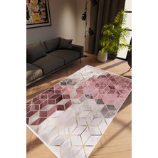 Modern Geometrik Pembe Gülkkurusu Gri Kaydırmaz Kesme Yıkanabilir Ince Halı