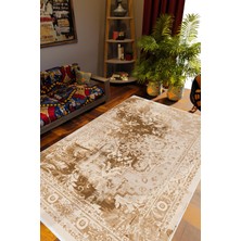 Salon Halısı Otantik Eskitme Çiçek Temalı Kahverengi Kaydırmaz Yıkanabilir Ince Halı Tüysüz Kilim