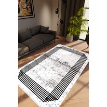 Salon Halısı Modern Geometrik Beyaz Siyah Kaydırmaz Kesme Yıkanabilir Ince Halı Tüysüz Kilim
