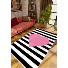Salon Halısı Modern Çizgili Kalp Beyaz Pembe Siyah Kaydırmaz Yıkanabilir Ince Halı Tüysüz Kilim