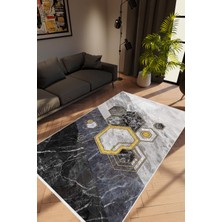10 Post Online Salon Halısı Modern Altın Gold Altıgen Gri Siyah Kaydırmaz Yıkanabilir Ince Halı Tüysüz Kilim