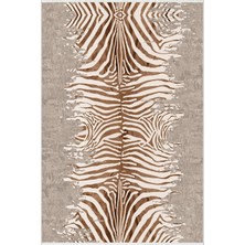 Salon Halısı Klasik Zebra Tema Kahverengi Gri Ekru Kaydırmaz Yıkanabilir Ince Halı Tüysüz Kilim