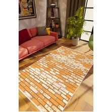 Salon Halısı Taş Mermer Eskitme Turuncu Sarı Kaydırmaz Kesme Yıkanabilir Ince Halı Tüysüz Kilim