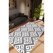 Salon Halısı Modern Geometrik Gri Beyaz Kaydırmaz Kesme Yıkanabilir Ince Halı Tüysüz Kilim