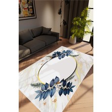 10 Post Online Salon Halısı Çiçekli Altın Gold Beyaz Metalik Lacivert Kaydırmaz Yıkanabilir Ince Halı Tüysüz Kilim