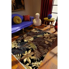 Klasik Siyah Dijital Baskı Halı Kaydırmaz Ince Yıkanabilir