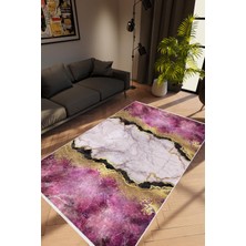 Salon Halısı Taş Mermer Modern Gold Pembe Altın Siyah Kaydırmaz Yıkanabilir Ince Halı Tüysüz Kilim