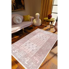 10 Post Online Salon Halısı Klasik Pembe Ekru Kaydırmaz Kesme Yıkanabilir Ince Halı Tüysüz Kilim