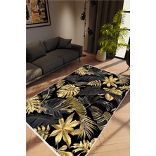 Salon Halısı Figürlü Çiçekli Altın Siyah Gold Kaydırmaz Kesme Yıkanabilir Ince Halı Tüysüz Kilim