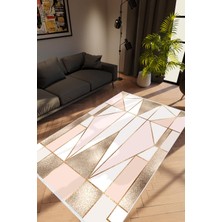Salon Halısı Modern Geometrik Metalik Pembe Kahverengi Kaydırmaz Yıkanabilir Ince Halı Tüysüz Kilim