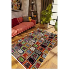 Salon Halısı Modern Patchwork Kahverengi Kaydırmaz Kesme Yıkanabilir Ince Halı Tüysüz Kilim