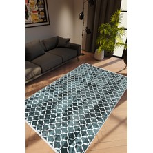 Modern Geometrik Lacivert Gri Beyaz Kaydırmaz Kesme Yıkanabilir Ince Halı