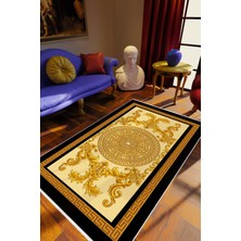 Salon Halısı Klasik Barok Altın Siyah Ekru Metalik Kaydırmaz Yıkanabilir Ince Halı Tüysüz Kilim