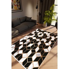 Salon Halısı Modern Geometrik Altın Beyaz Siyah Kaydırmaz Kesme Yıkanabilir Ince Halı Tüysüz Kilim