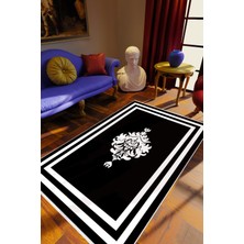 Salon Halısı Klasik Eskitme Siyah Beyaz Kaydırmaz Kesme Yıkanabilir Ince Halı Tüysüz Kilim