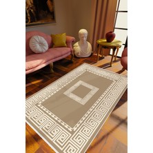 Salon Halısı Klasik Kahverengi Bej Kaydırmaz Kesme Yıkanabilir Ince Halı Tüysüz Kilim