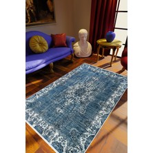 Salon Halısı Klasik Eskitme Mavi Kaydırmaz Kesme Yıkanabilir Ince Halı Tüysüz Kilim