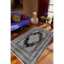 Salon Halısı Klasik Gümüş Siyah Gri Kaydırmaz Kesme Yıkanabilir Ince Halı Tüysüz Kilim