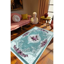 Salon Halısı Figürlü Çiçekli Turkuaz Mavi Mor Kaydırmaz Kesme Yıkanabilir Ince Halı Tüysüz Kilim