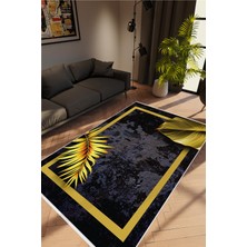 Salon Halısı Figürlü Çiçekli Altın Siyah Gold Kaydırmaz Kesme Yıkanabilir Ince Halı Tüysüz Kilim