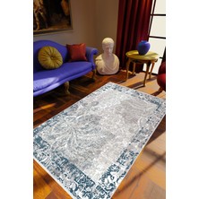 Salon Halısı Çiçekli Eskitme Mavi Beyaz Gri Kaydırmaz Yıkanabilir Ince Halı Tüysüz Kilim