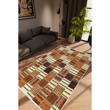 10 Post Online Salon Halısı Modern Patchwork Kahverengi Ekru Kaydırmaz Kesme Yıkanabilir Ince Halı Tüysüz Kilim